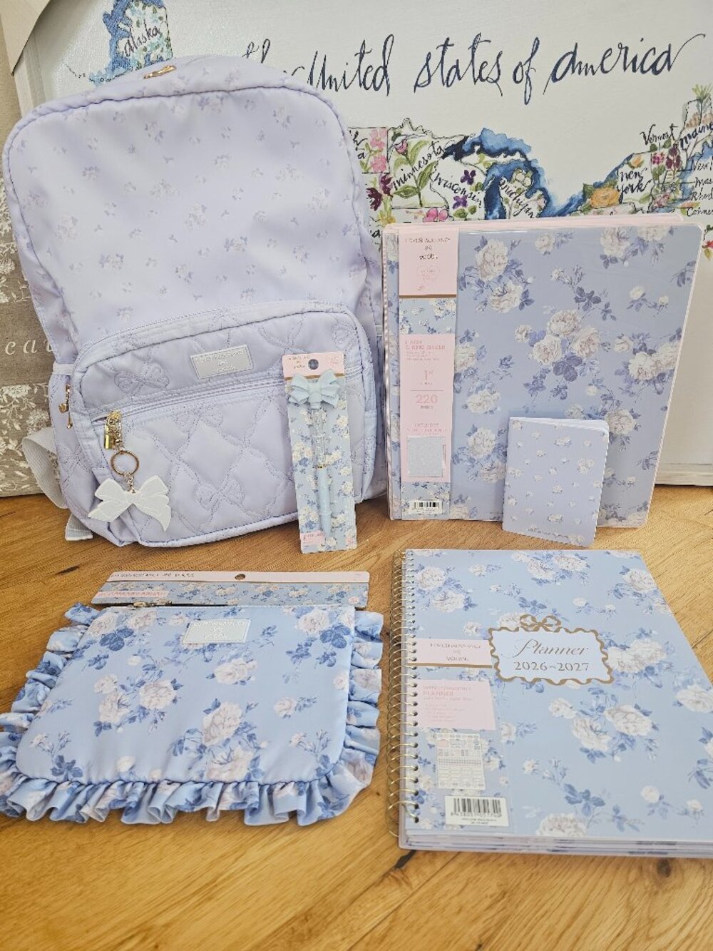 LoveShackFancy Target Blue backpack binder planner pencil case ruffles bow pen